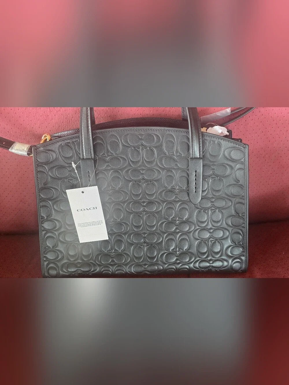 Coach Black Embossed Logo Leather Satchel with Crossbody Strap